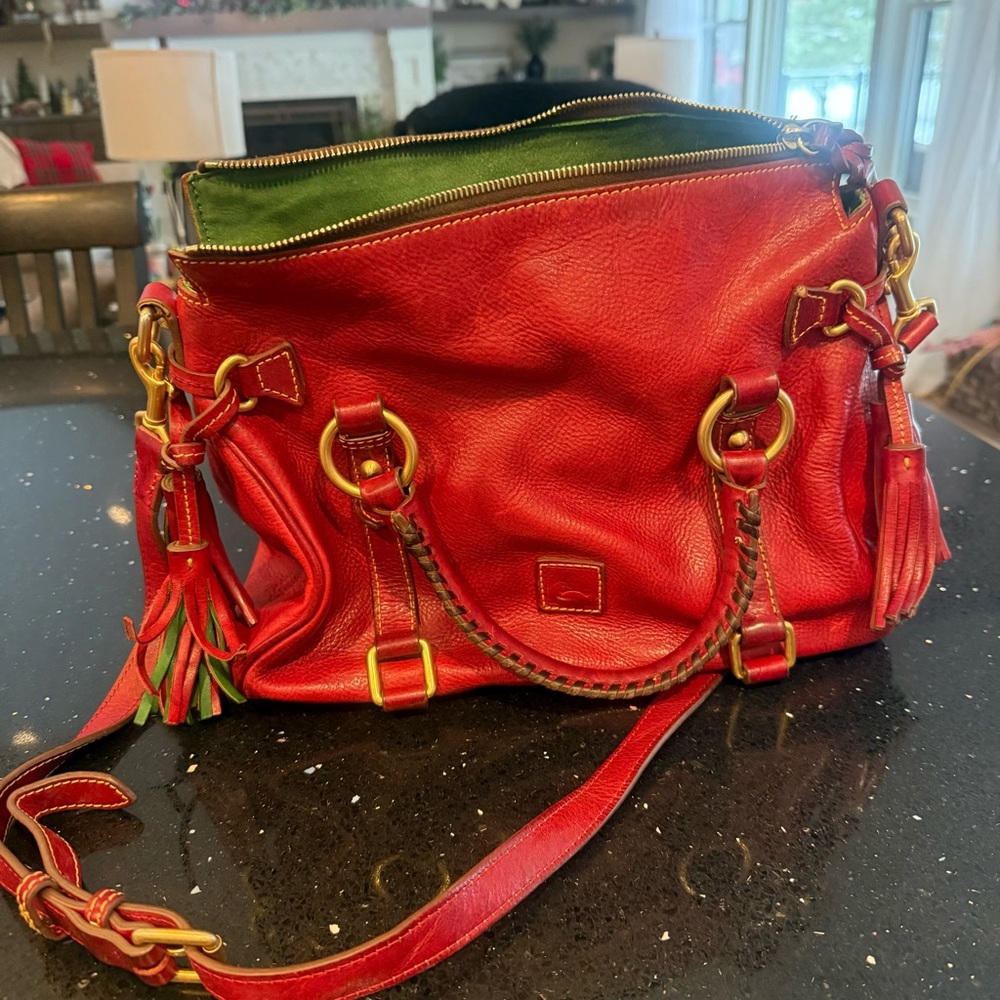 Dooney & Bourke Red Leather Shoulder Bag with Gold Accents